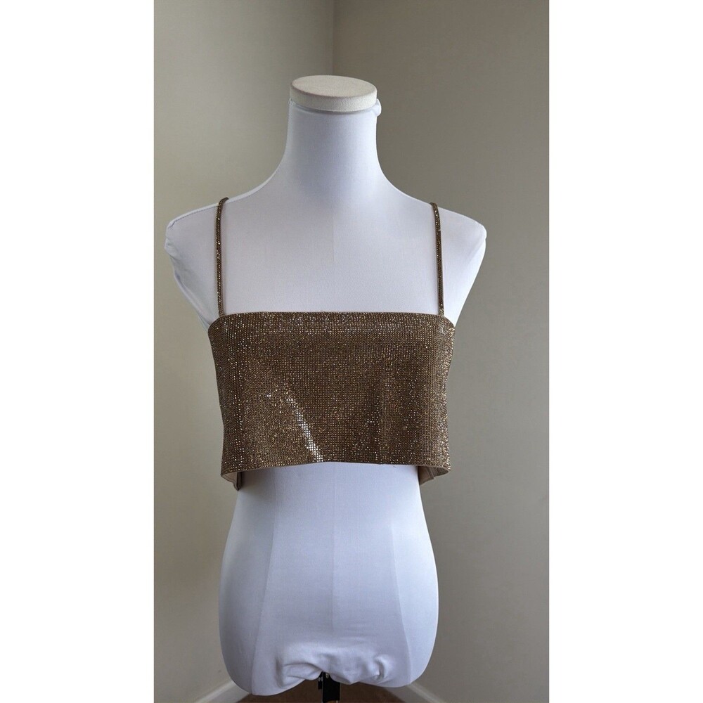 Zara SXS Gold Rhinestone Mesh Crop Top Sparkly Cami Party Club Festival Y2K Glam - Picture 5 of 14